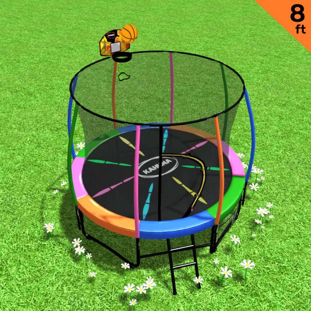 Kahuna 8ft Outdoor Trampoline Kids Children With Safety Enclosure Mat Pad Net Ladder Basketball Hoop Set - Rainbow - CastleToys.com.au