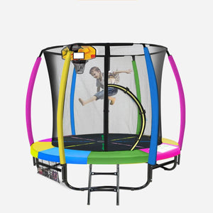 Kahuna 8ft Outdoor Trampoline Kids Children With Safety Enclosure Mat Pad Net Ladder Basketball Hoop Set - Rainbow - CastleToys.com.au