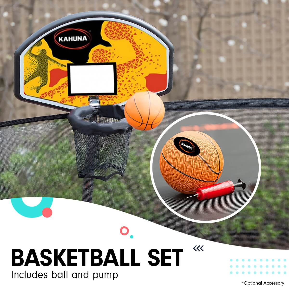 Kahuna 8ft Outdoor Trampoline Kids Children With Safety Enclosure Mat Pad Net Ladder Basketball Hoop Set - Rainbow - CastleToys.com.au