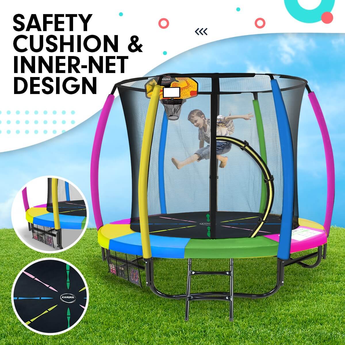 Kahuna 8ft Outdoor Trampoline Kids Children With Safety Enclosure Mat Pad Net Ladder Basketball Hoop Set - Rainbow - CastleToys.com.au