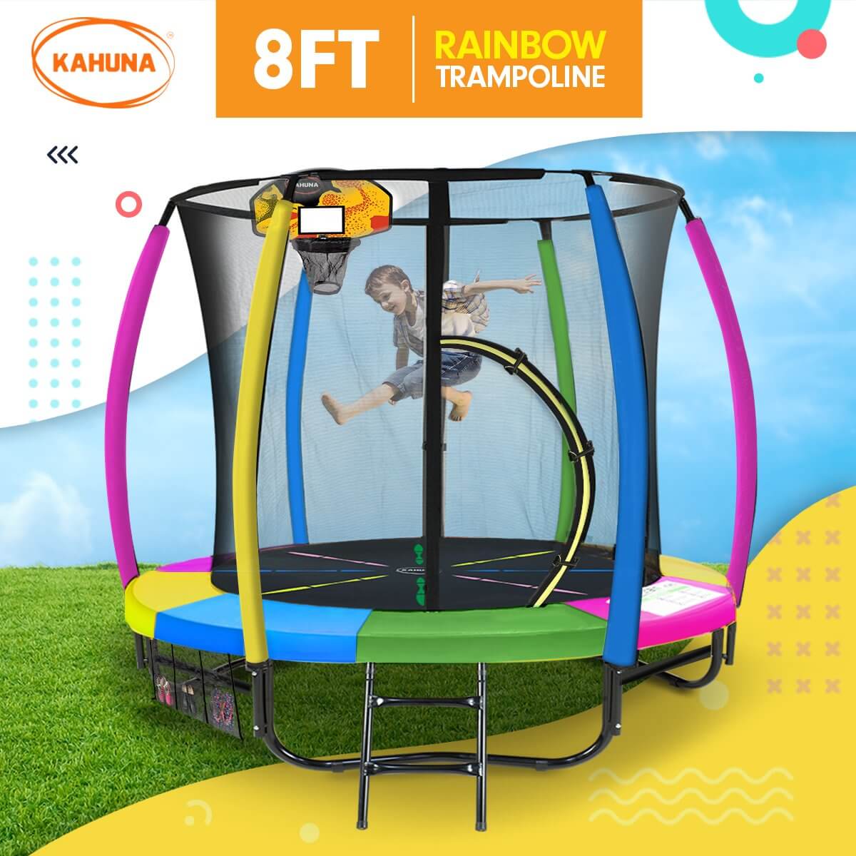 Kahuna 8ft Outdoor Trampoline Kids Children With Safety Enclosure Mat Pad Net Ladder Basketball Hoop Set - Rainbow - CastleToys.com.au