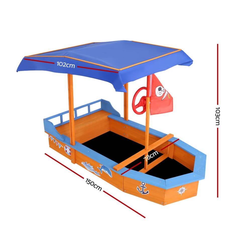 Keezi Kids Sandpit Wooden Boat Sand Pit with Canopy Bench Seat Beach Toys 150cm - CastleToys.com.au