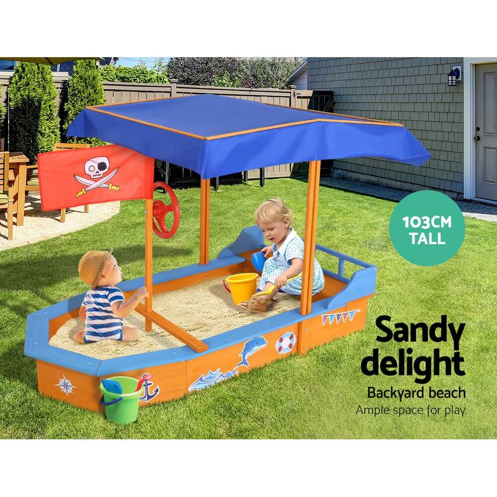 Keezi Kids Sandpit Wooden Boat Sand Pit with Canopy Bench Seat Beach Toys 150cm - CastleToys.com.au