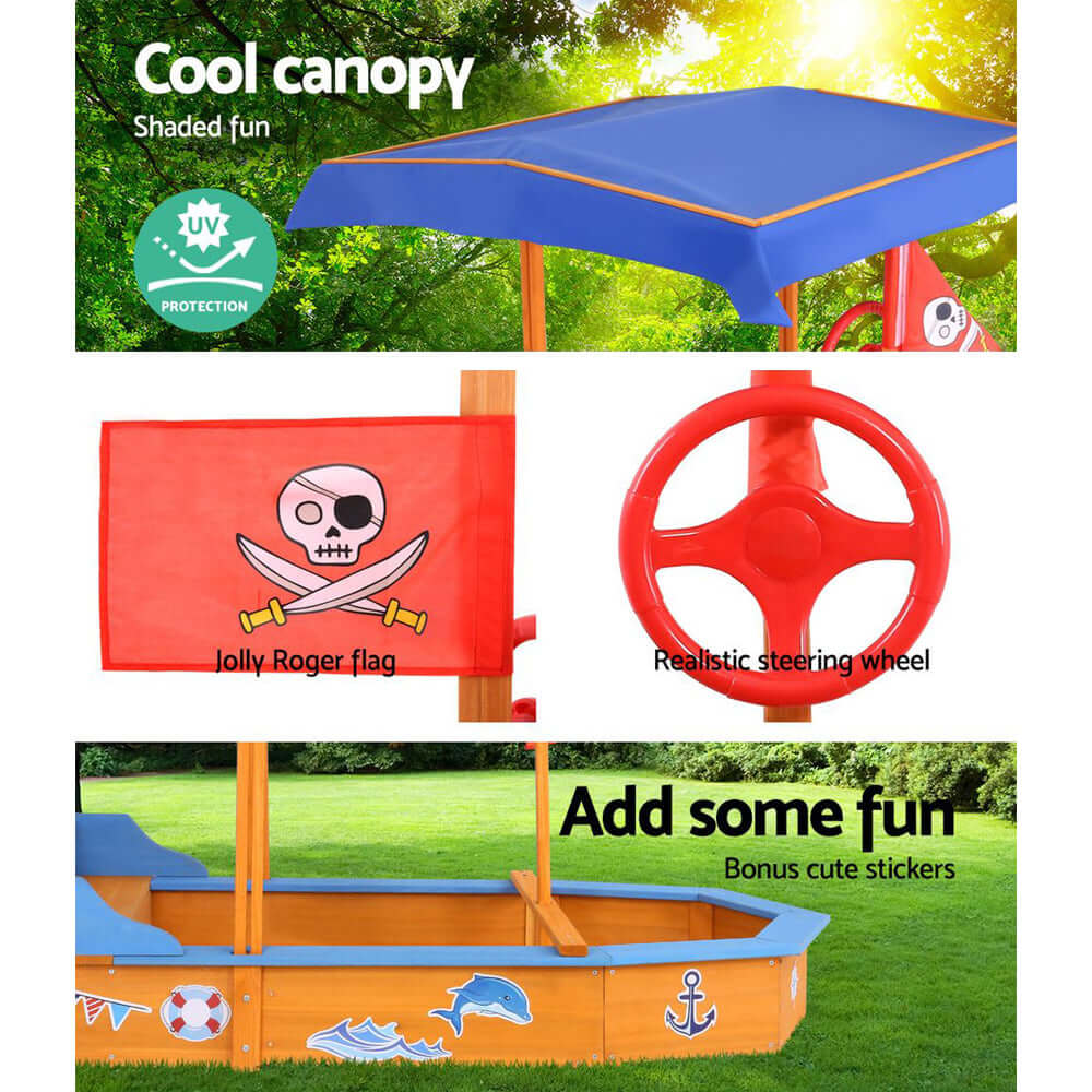 Keezi Kids Sandpit Wooden Boat Sand Pit with Canopy Bench Seat Beach Toys 150cm - CastleToys.com.au