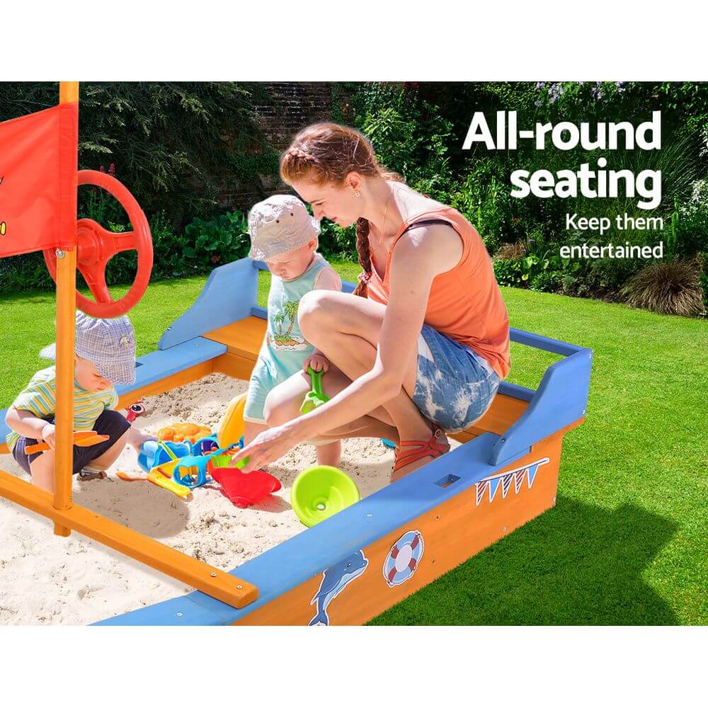 Keezi Kids Sandpit Wooden Boat Sand Pit with Canopy Bench Seat Beach Toys 150cm - CastleToys.com.au