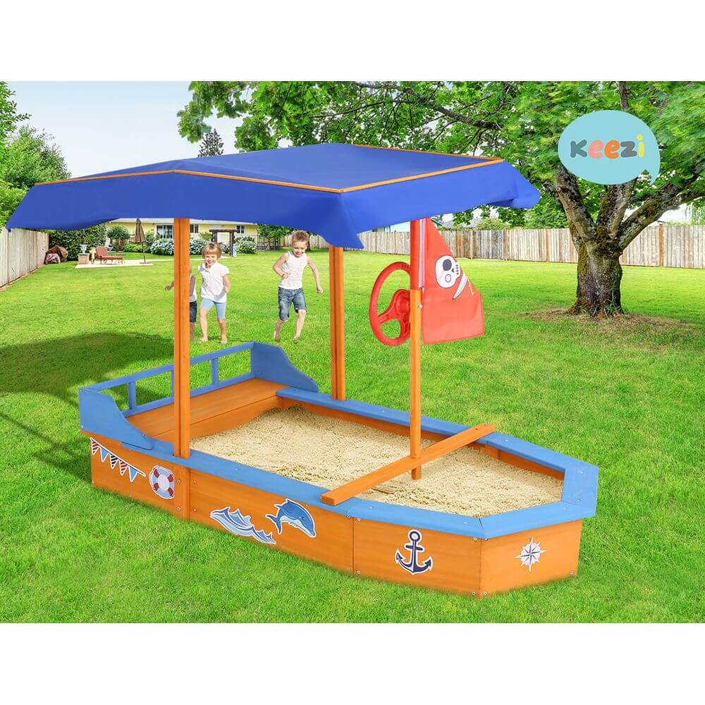 Keezi Kids Sandpit Wooden Boat Sand Pit with Canopy Bench Seat Beach Toys 150cm - CastleToys.com.au