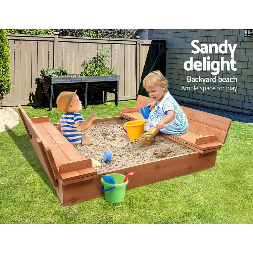 Keezi Kids Sandpit Wooden Sandbox Sand Pit Foldable Seat Outdoor Beach Toys 90cm - CastleToys.com.au