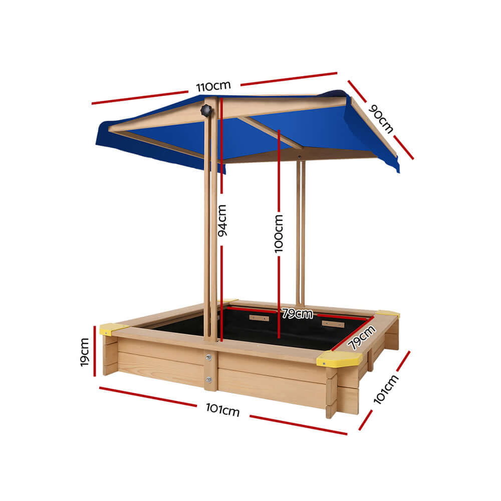 Keezi Kids Sandpit Wooden Sandbox Sand Pit with Canopy Bench Seat Toys 101cm - CastleToys.com.au