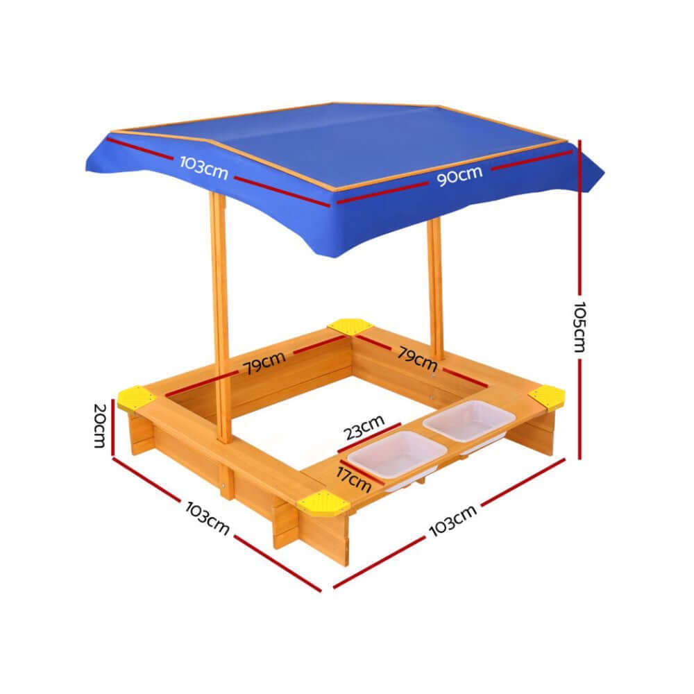 Keezi Kids Sandpit Wooden Sandbox Sand Pit with Canopy Water Basin Toys 103cm - CastleToys.com.au