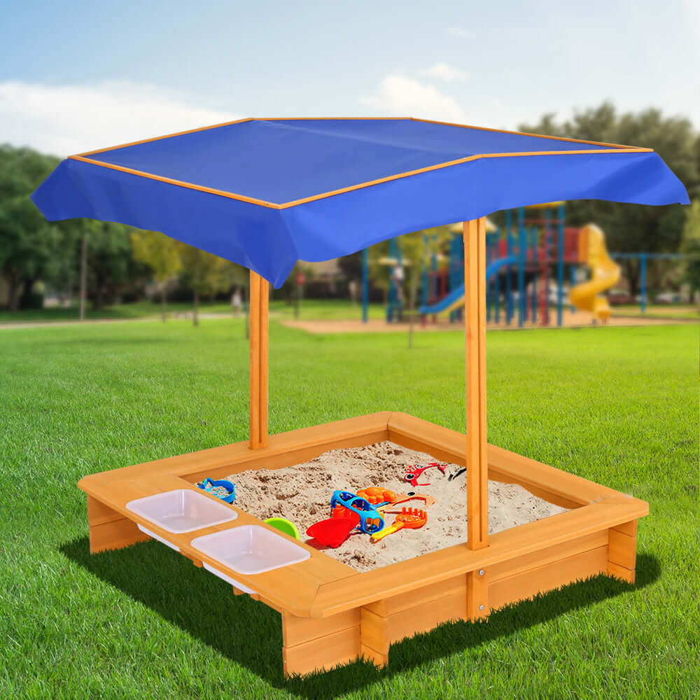 Keezi Kids Sandpit Wooden Sandbox Sand Pit with Canopy Water Basin Toys 103cm - CastleToys.com.au