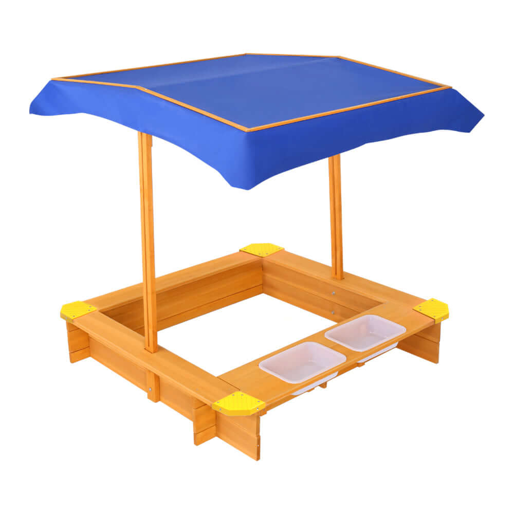 Keezi Kids Sandpit Wooden Sandbox Sand Pit with Canopy Water Basin Toys 103cm - CastleToys.com.au