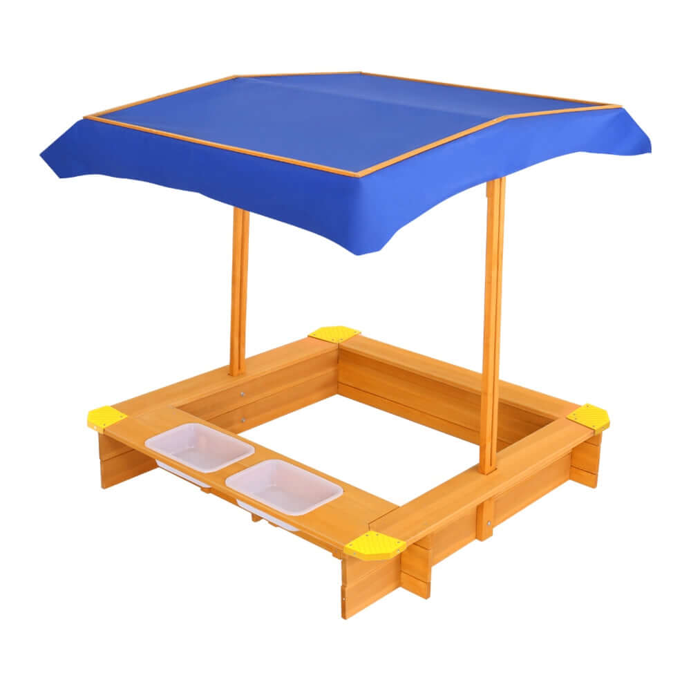 Keezi Kids Sandpit Wooden Sandbox Sand Pit with Canopy Water Basin Toys 103cm - CastleToys.com.au