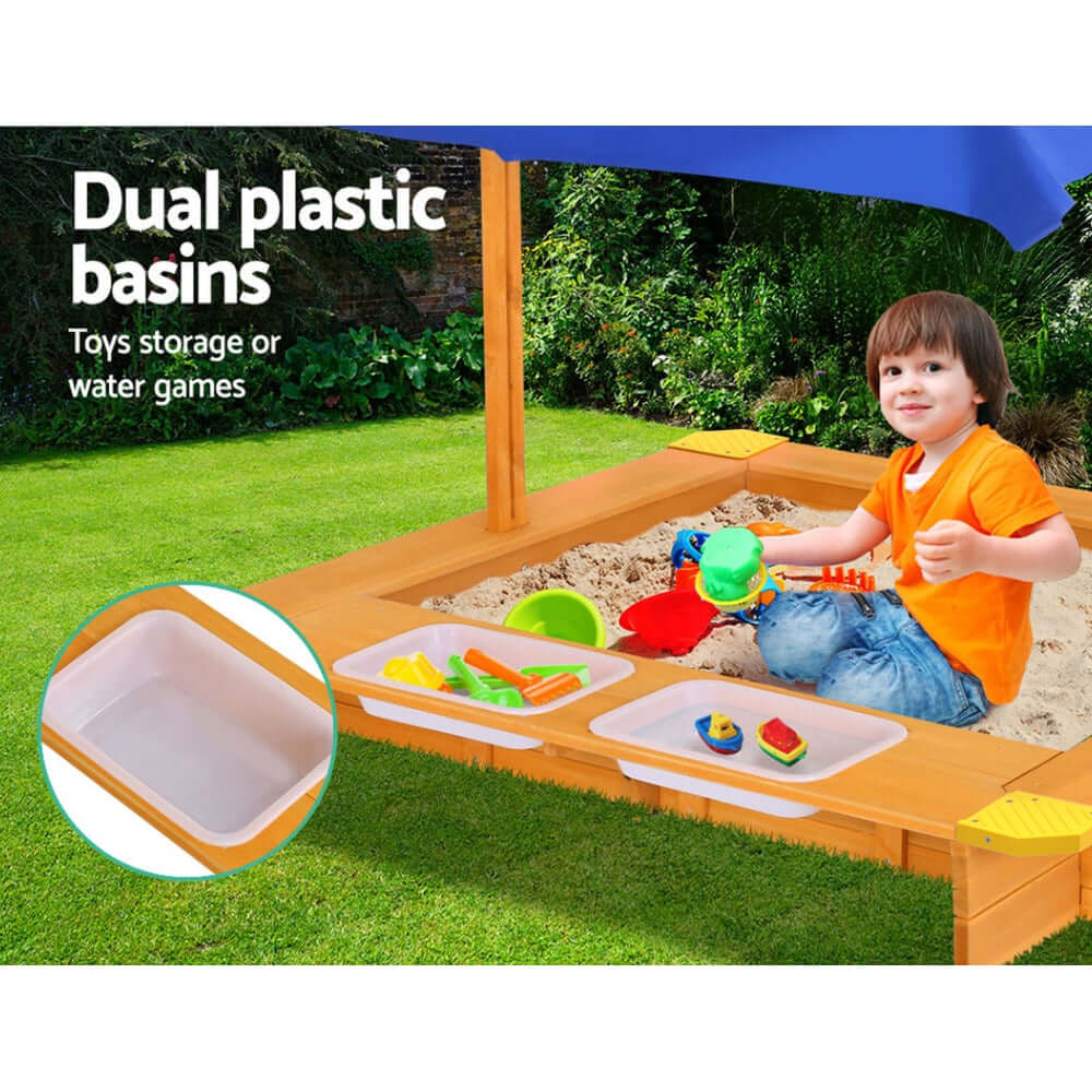 Keezi Kids Sandpit Wooden Sandbox Sand Pit with Canopy Water Basin Toys 103cm - CastleToys.com.au